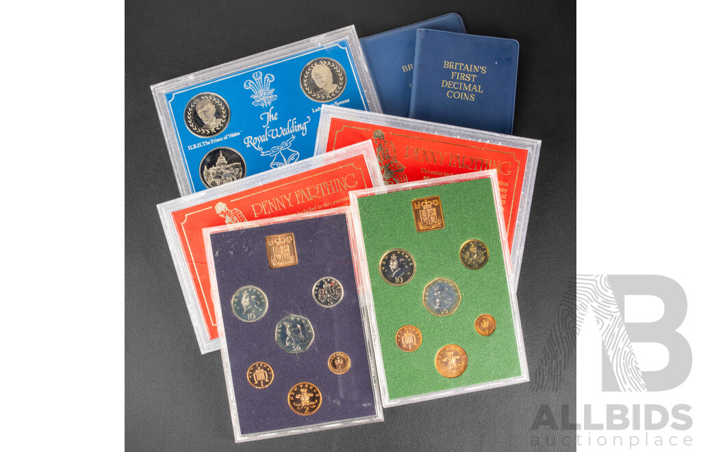 Collection of United Kingdom Coin Sets Including Two First Decimal Coin Wallets, 1975, 1976 Year Sets, 1981 Royal Wedding Set, Two Penny Farthing Sets