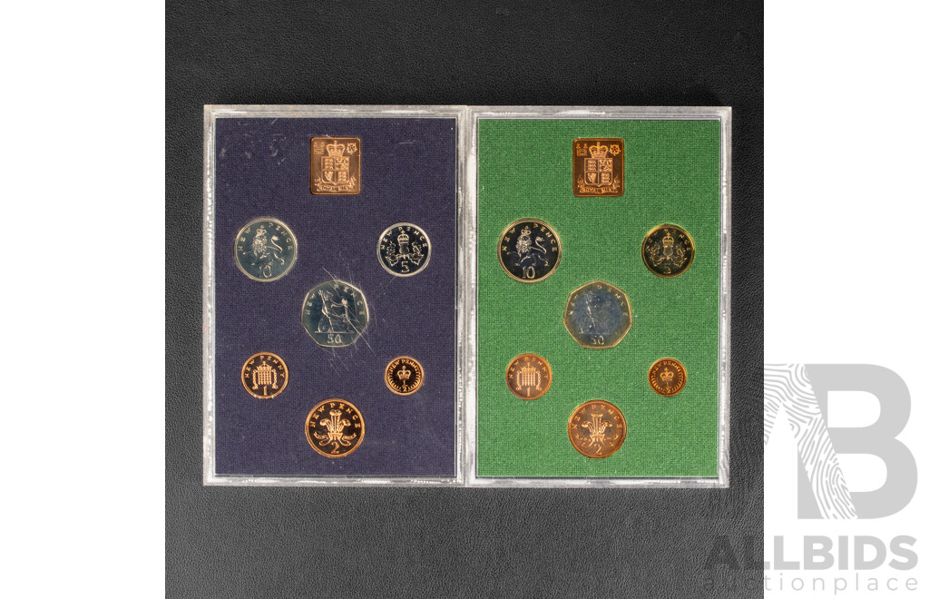 Collection of United Kingdom Coin Sets Including Two First Decimal Coin Wallets, 1975, 1976 Year Sets, 1981 Royal Wedding Set, Two Penny Farthing Sets
