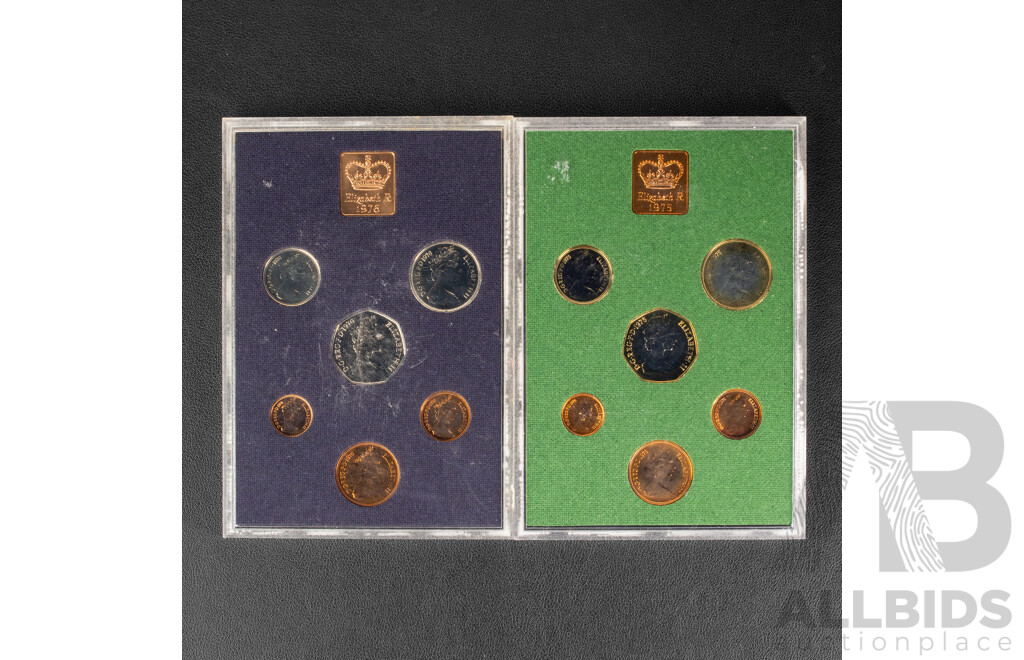 Collection of United Kingdom Coin Sets Including Two First Decimal Coin Wallets, 1975, 1976 Year Sets, 1981 Royal Wedding Set, Two Penny Farthing Sets