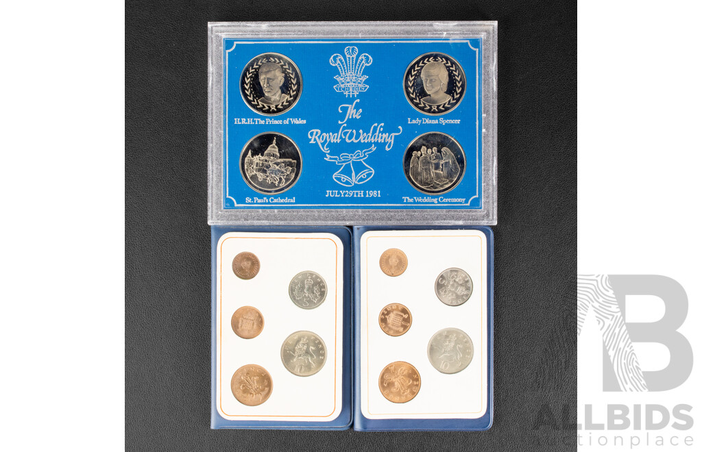 Collection of United Kingdom Coin Sets Including Two First Decimal Coin Wallets, 1975, 1976 Year Sets, 1981 Royal Wedding Set, Two Penny Farthing Sets