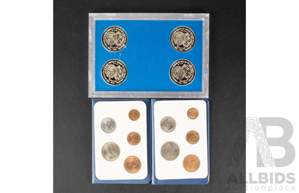 Collection of United Kingdom Coin Sets Including Two First Decimal Coin Wallets, 1975, 1976 Year Sets, 1981 Royal Wedding Set, Two Penny Farthing Sets