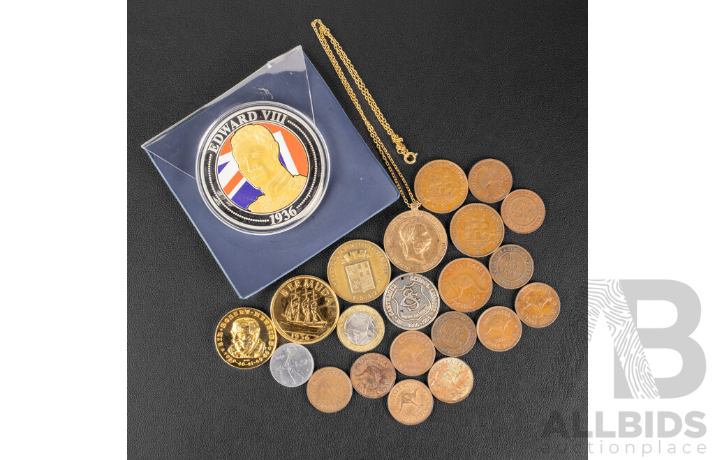 Australian Half Pennies Spanning 1911 - 1951 Including 1916I, Two King Edward VIII Medallions, Sir Robert Menzies Medallion