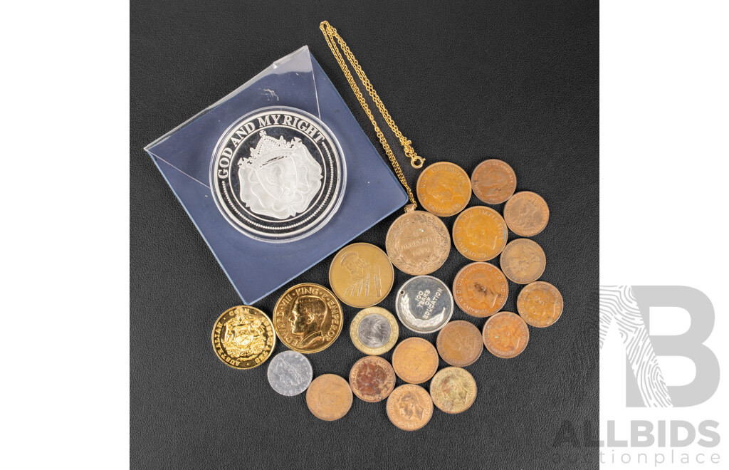 Australian Half Pennies Spanning 1911 - 1951 Including 1916I, Two King Edward VIII Medallions, Sir Robert Menzies Medallion