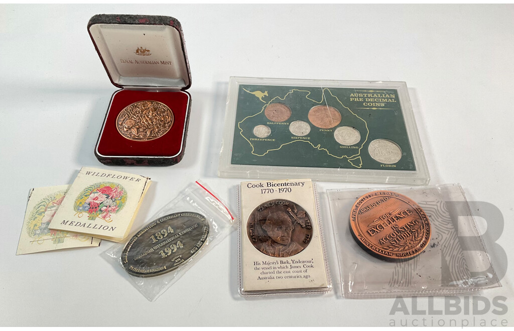 Australian Predecimal Coins Set, RAM Bronze Wildflower Medallion, 1970 Cook Medallion, Accountants Medallion