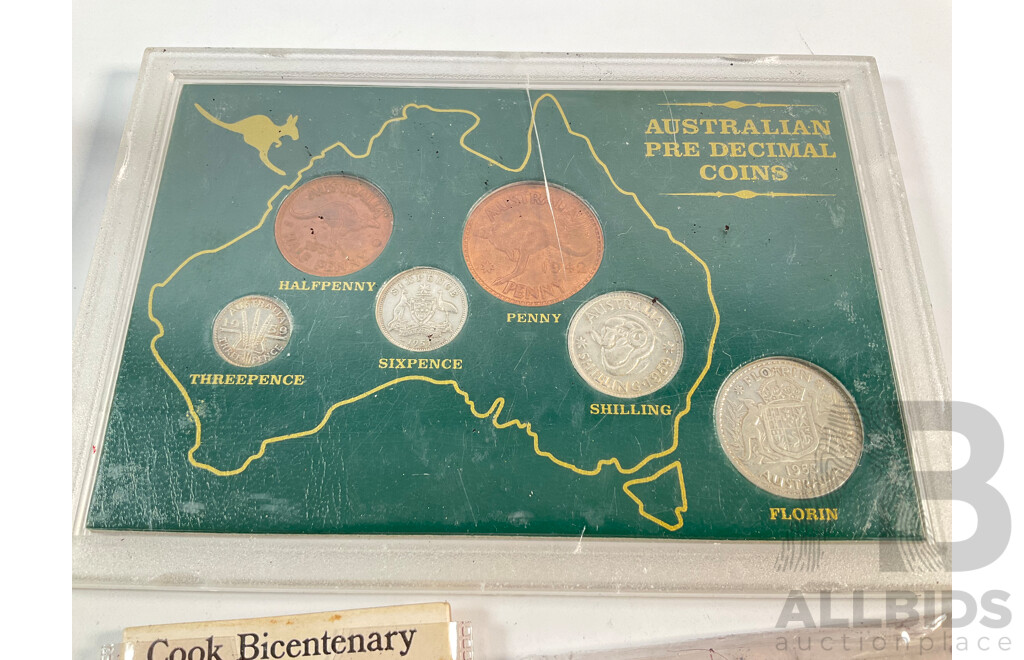 Australian Predecimal Coins Set, RAM Bronze Wildflower Medallion, 1970 Cook Medallion, Accountants Medallion