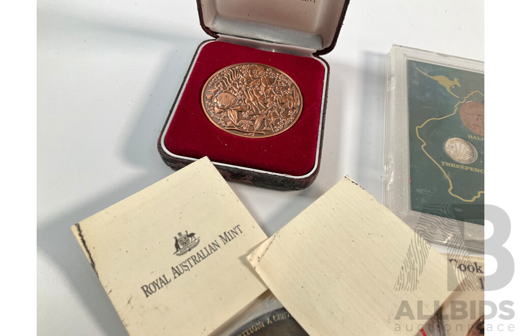 Australian Predecimal Coins Set, RAM Bronze Wildflower Medallion, 1970 Cook Medallion, Accountants Medallion