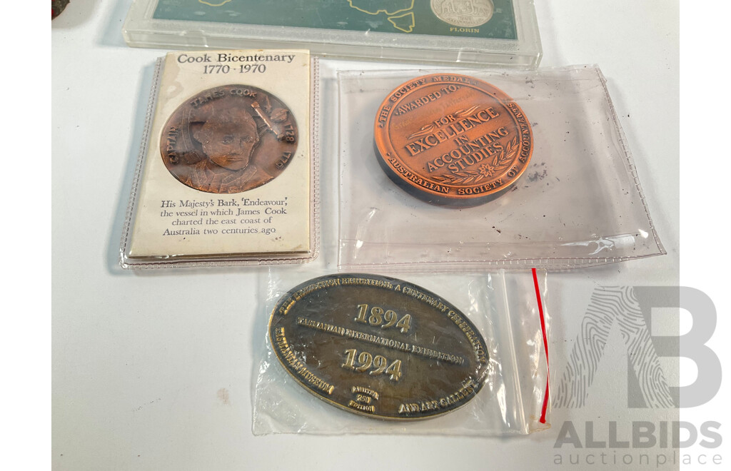 Australian Predecimal Coins Set, RAM Bronze Wildflower Medallion, 1970 Cook Medallion, Accountants Medallion