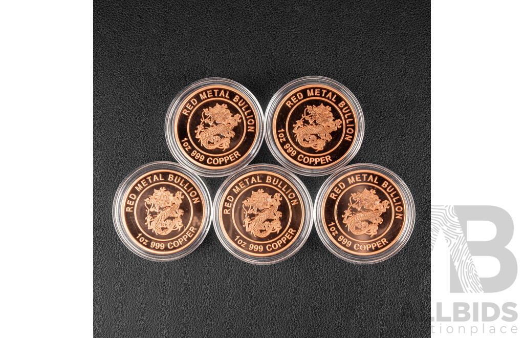 Five Australian Red Metal Bullion One Ounce Copper Coins
