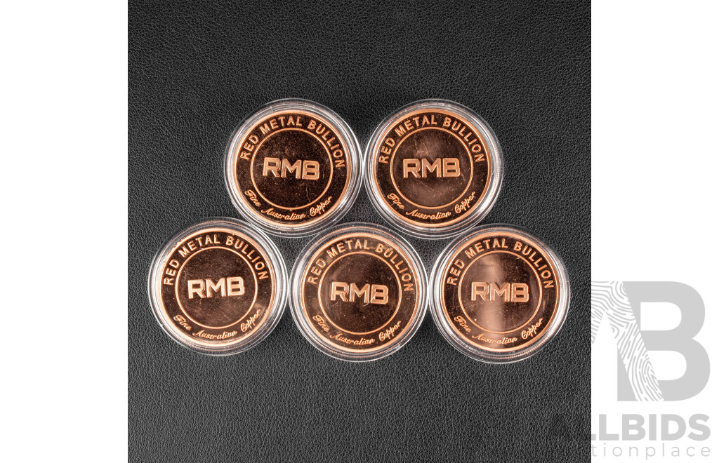 Five Australian Red Metal Bullion One Ounce Copper Coins