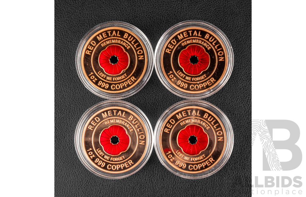 Four Australian Red Metal Bullion One Ounce Copper Coins, Red Poppy Remembrance, Lest We Forget