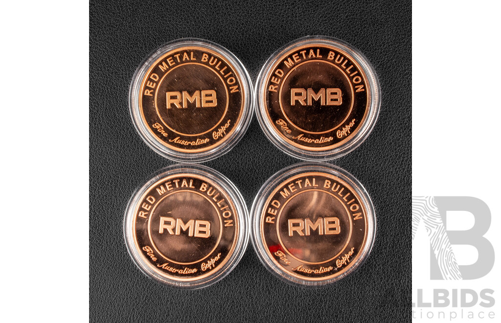 Four Australian Red Metal Bullion One Ounce Copper Coins, Red Poppy Remembrance, Lest We Forget