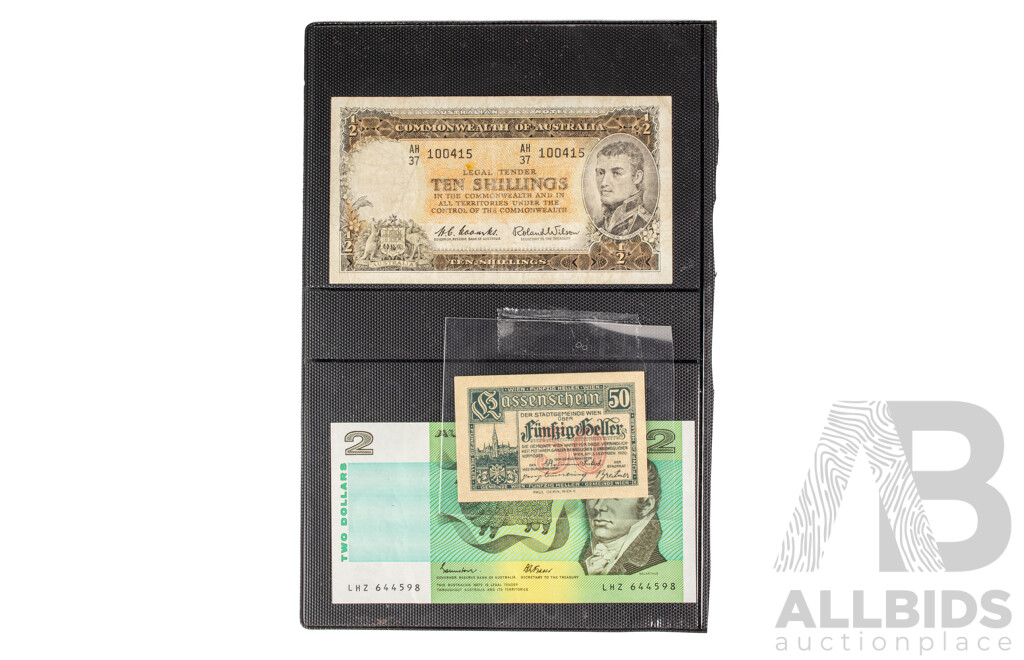 Australian 1961 Ten Shillings Note Coombs/Wilson, R17 AH37 100415, 1985 Two Dollar Note, Johnston/Fraser, Austrian 1919/1920 Fifty Hellers Note