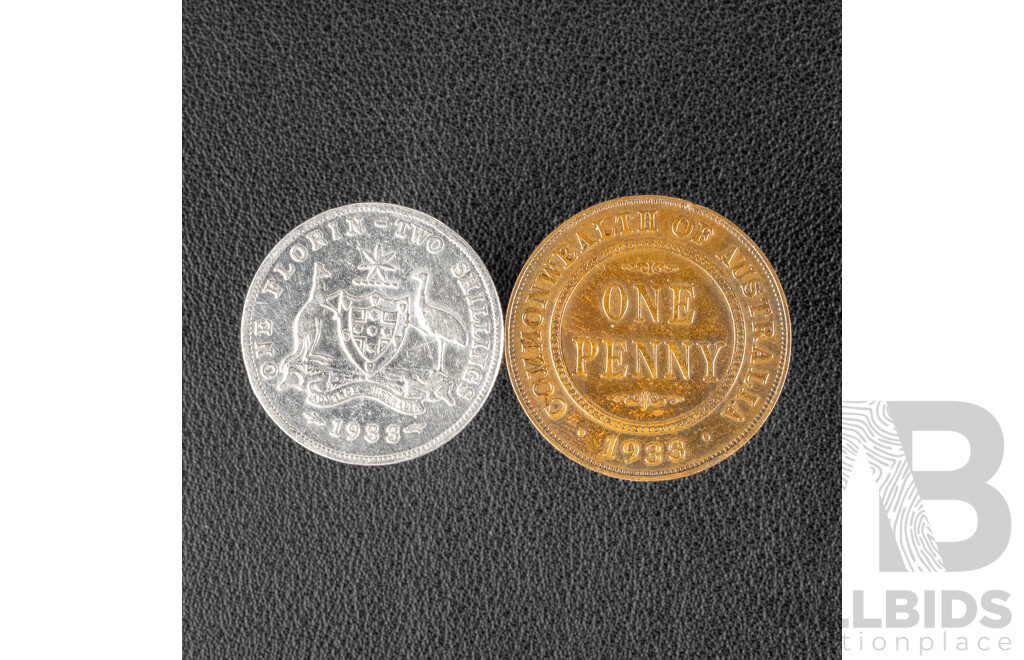 Australian 1933 KGV Silver Florin and Penny .925