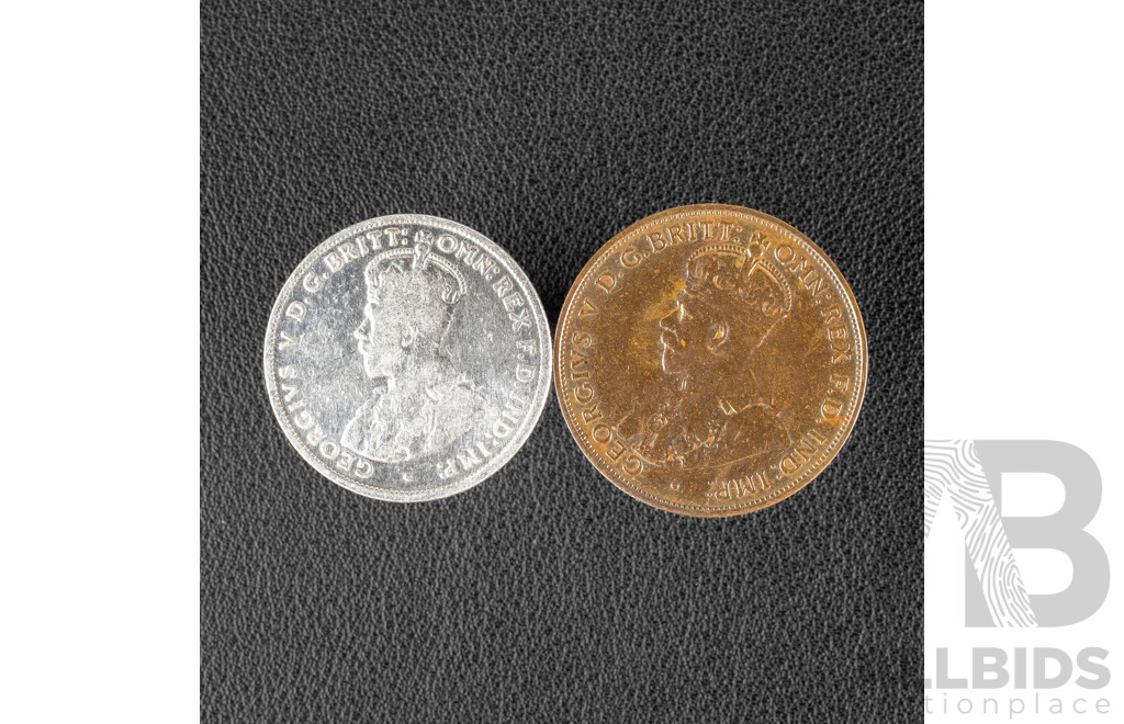 Australian 1933 KGV Silver Florin and Penny .925
