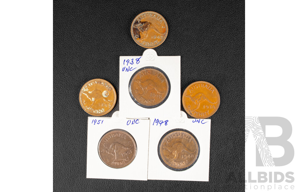 Six Australian Pennies Including 1938(2)1943(2) 1948, 1951