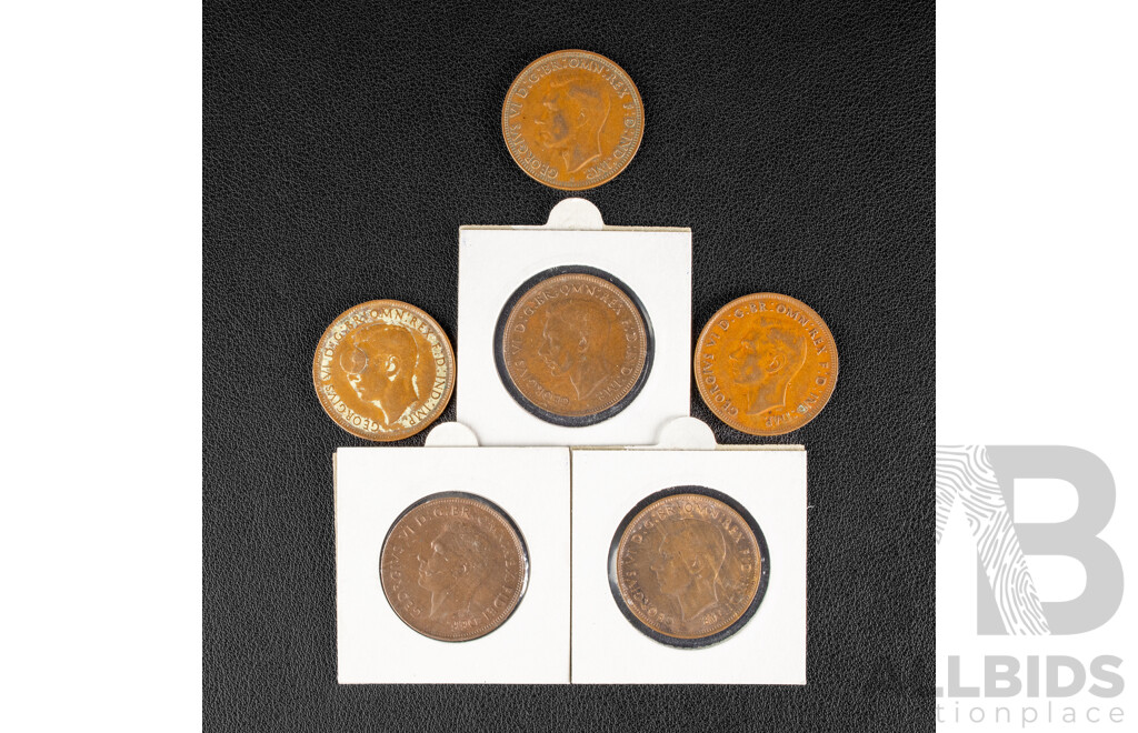 Six Australian Pennies Including 1938(2)1943(2) 1948, 1951