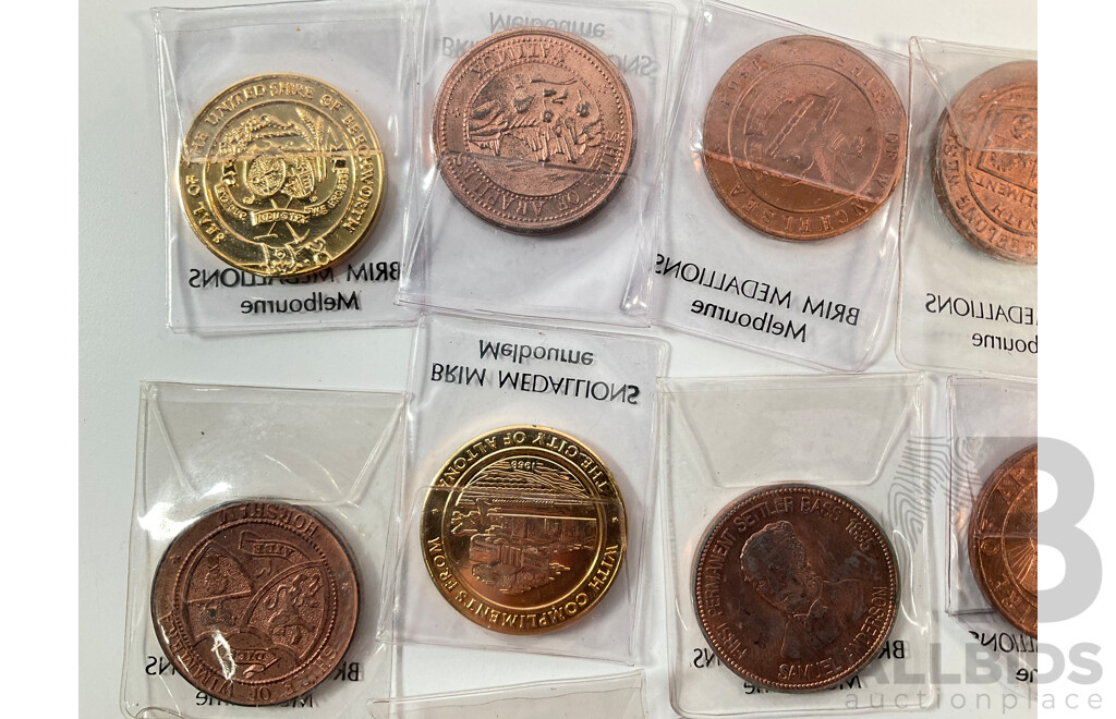Fourteen Australian 1984/1985 Victoria 150 Years Medallions, Various Shires and Cities with 'Two Bob' Double Sided Bob Hawk Medallion and Two 1985 City of Melbourne Medals