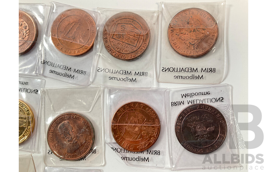 Fourteen Australian 1984/1985 Victoria 150 Years Medallions, Various Shires and Cities with 'Two Bob' Double Sided Bob Hawk Medallion and Two 1985 City of Melbourne Medals
