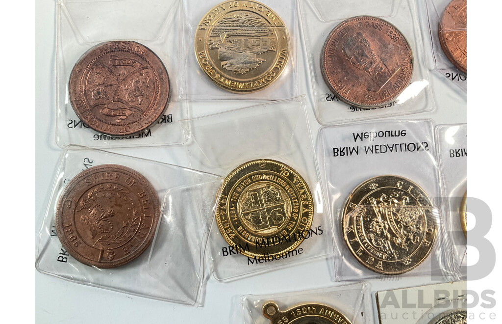 Fourteen Australian 1984/1985 Victoria 150 Years Medallions, Various Shires and Cities with 'Two Bob' Double Sided Bob Hawk Medallion and Two 1985 City of Melbourne Medals