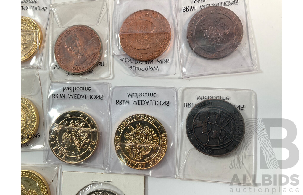 Fourteen Australian 1984/1985 Victoria 150 Years Medallions, Various Shires and Cities with 'Two Bob' Double Sided Bob Hawk Medallion and Two 1985 City of Melbourne Medals