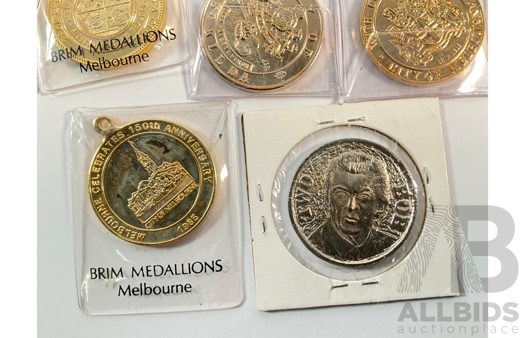 Fourteen Australian 1984/1985 Victoria 150 Years Medallions, Various Shires and Cities with 'Two Bob' Double Sided Bob Hawk Medallion and Two 1985 City of Melbourne Medals