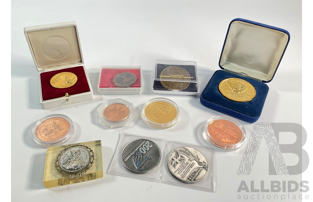Collection of Medals and Medallions Including 1970 Qantas Jubilee, 1989 Volunteer Fire Brigade, Tasmania Tourist Dollar, Mowbray Racing Center, Apollo Lunar Roving Vehicle, 2004 Hobart, Van Diemens Land.............