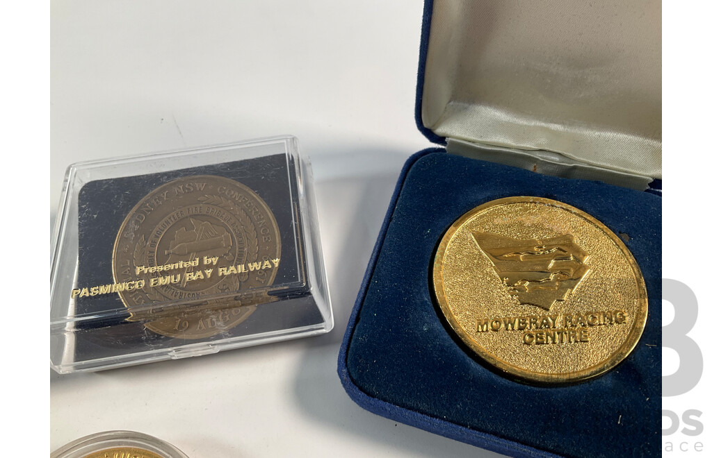Collection of Medals and Medallions Including 1970 Qantas Jubilee, 1989 Volunteer Fire Brigade, Tasmania Tourist Dollar, Mowbray Racing Center, Apollo Lunar Roving Vehicle, 2004 Hobart, Van Diemens Land.............
