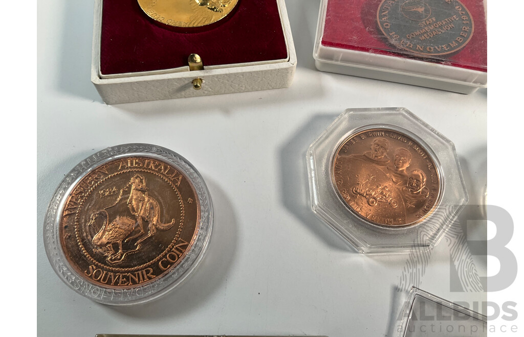 Collection of Medals and Medallions Including 1970 Qantas Jubilee, 1989 Volunteer Fire Brigade, Tasmania Tourist Dollar, Mowbray Racing Center, Apollo Lunar Roving Vehicle, 2004 Hobart, Van Diemens Land.............