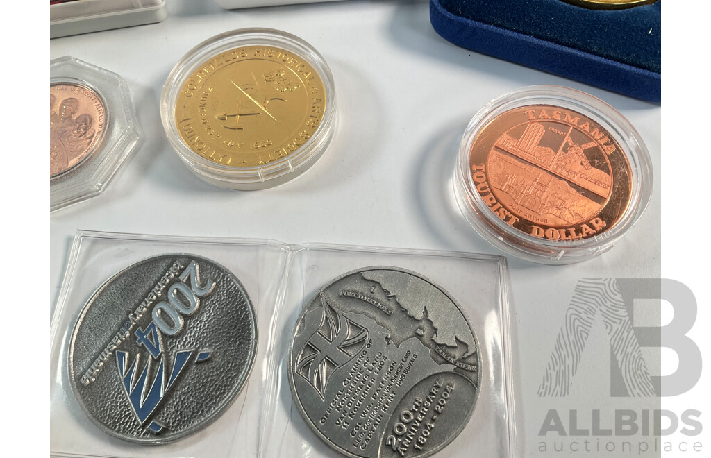 Collection of Medals and Medallions Including 1970 Qantas Jubilee, 1989 Volunteer Fire Brigade, Tasmania Tourist Dollar, Mowbray Racing Center, Apollo Lunar Roving Vehicle, 2004 Hobart, Van Diemens Land.............