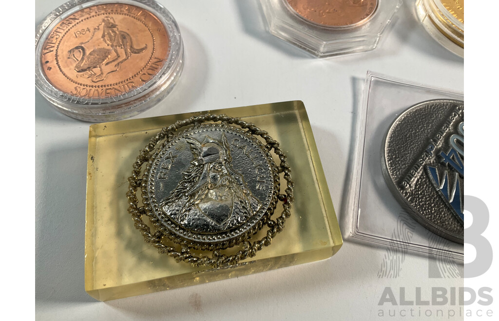 Collection of Medals and Medallions Including 1970 Qantas Jubilee, 1989 Volunteer Fire Brigade, Tasmania Tourist Dollar, Mowbray Racing Center, Apollo Lunar Roving Vehicle, 2004 Hobart, Van Diemens Land.............