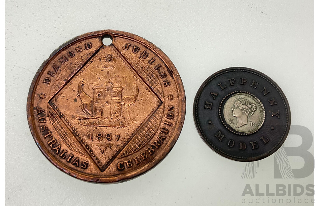 United Kingdom 1844-1848 QV Model Half Penny, Bimetallic and Australian 1897 Queen Victoria Diamond Jubilee Medal