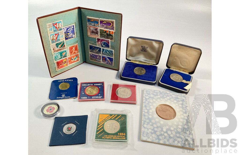 Collection of Coins, Stamps and Medals Including New Zealand 2018 Coloured Fifty Cents, War Memorial Flanders Field, 1986 Haley's Comet, Samoa 1976 One Dollar, 1984 Olympics, World Expo 1988................