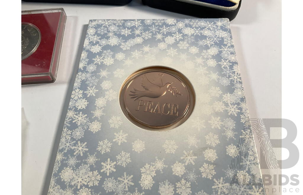 Collection of Coins, Stamps and Medals Including New Zealand 2018 Coloured Fifty Cents, War Memorial Flanders Field, 1986 Haley's Comet, Samoa 1976 One Dollar, 1984 Olympics, World Expo 1988................
