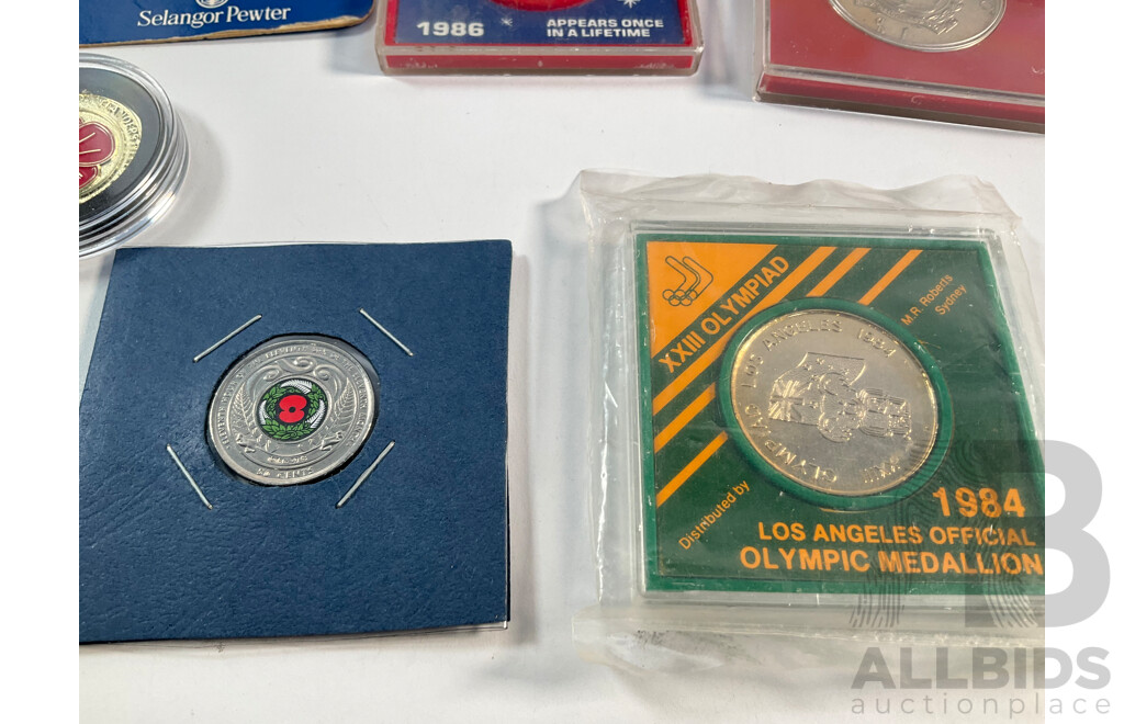 Collection of Coins, Stamps and Medals Including New Zealand 2018 Coloured Fifty Cents, War Memorial Flanders Field, 1986 Haley's Comet, Samoa 1976 One Dollar, 1984 Olympics, World Expo 1988................