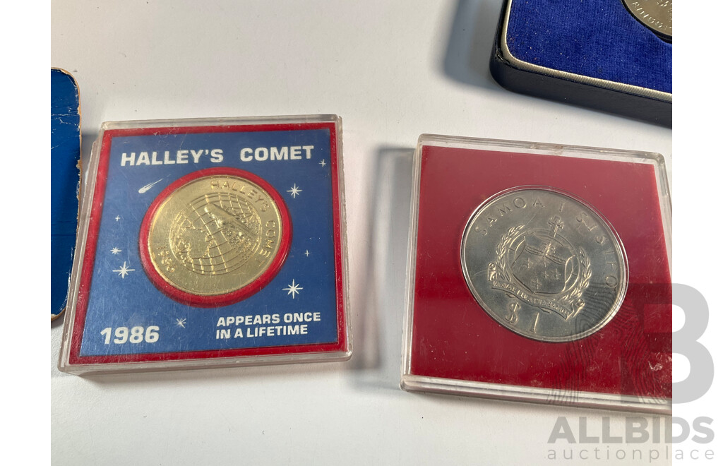 Collection of Coins, Stamps and Medals Including New Zealand 2018 Coloured Fifty Cents, War Memorial Flanders Field, 1986 Haley's Comet, Samoa 1976 One Dollar, 1984 Olympics, World Expo 1988................