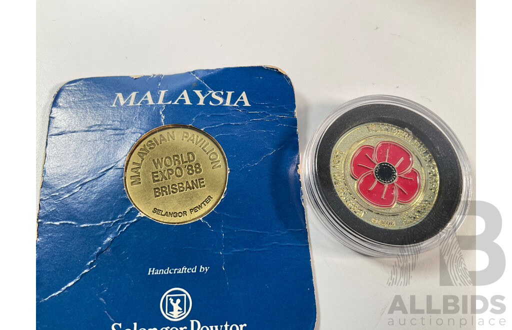 Collection of Coins, Stamps and Medals Including New Zealand 2018 Coloured Fifty Cents, War Memorial Flanders Field, 1986 Haley's Comet, Samoa 1976 One Dollar, 1984 Olympics, World Expo 1988................