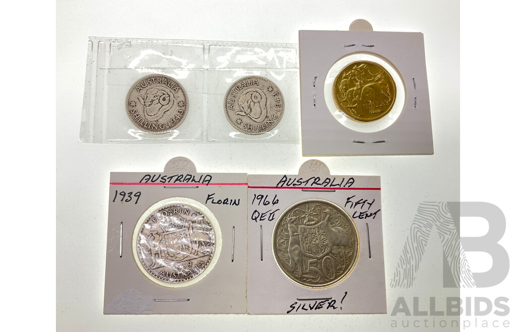 Australian 1966 Round Silver Fifty Cent Coin, 1939 KGVI Silver Florin, Two 1943 KGVI Silver Shillings, 1990 UNC One Dollar