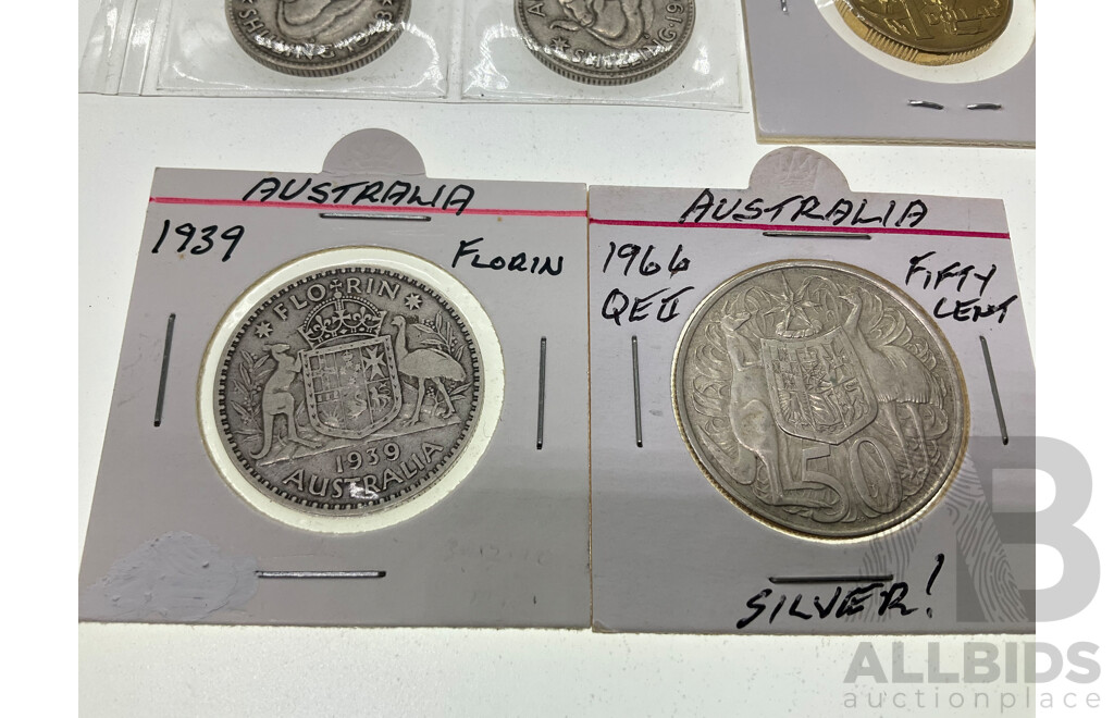 Australian 1966 Round Silver Fifty Cent Coin, 1939 KGVI Silver Florin, Two 1943 KGVI Silver Shillings, 1990 UNC One Dollar
