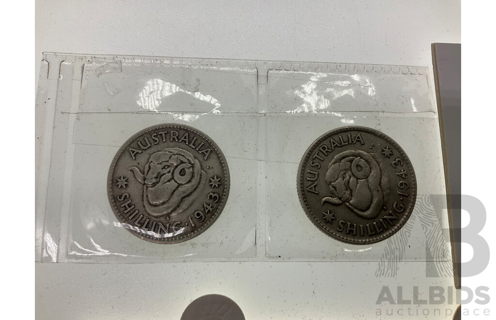 Australian 1966 Round Silver Fifty Cent Coin, 1939 KGVI Silver Florin, Two 1943 KGVI Silver Shillings, 1990 UNC One Dollar