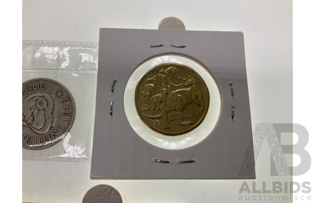 Australian 1966 Round Silver Fifty Cent Coin, 1939 KGVI Silver Florin, Two 1943 KGVI Silver Shillings, 1990 UNC One Dollar