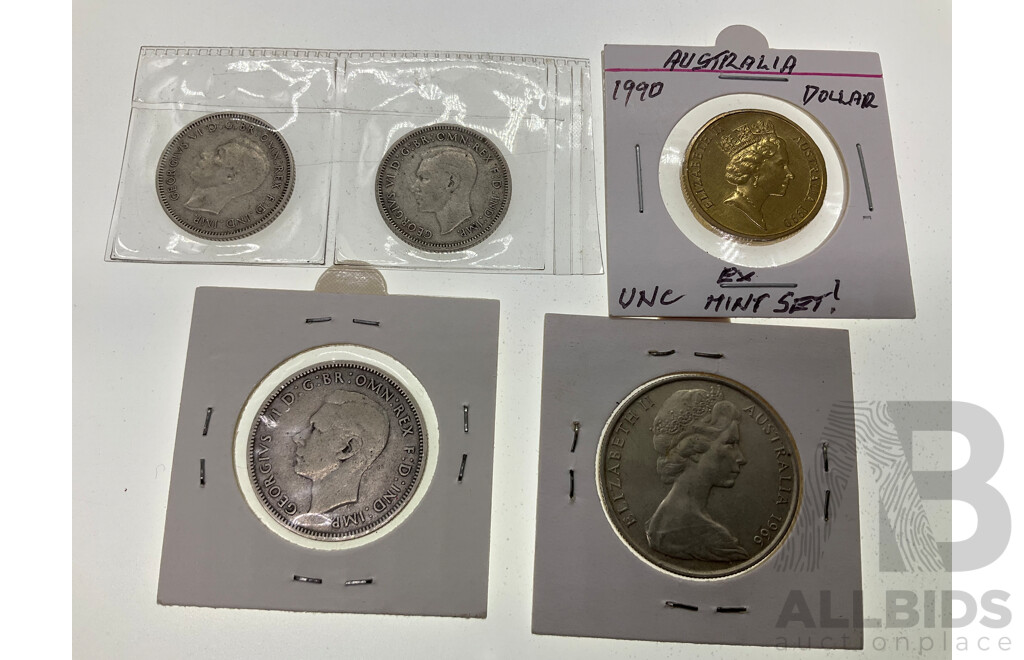 Australian 1966 Round Silver Fifty Cent Coin, 1939 KGVI Silver Florin, Two 1943 KGVI Silver Shillings, 1990 UNC One Dollar