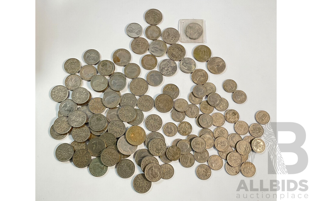 Collection of United Kingdom and New Zealand Coins Including Two Shillings, Florins, Shillings, Crowns