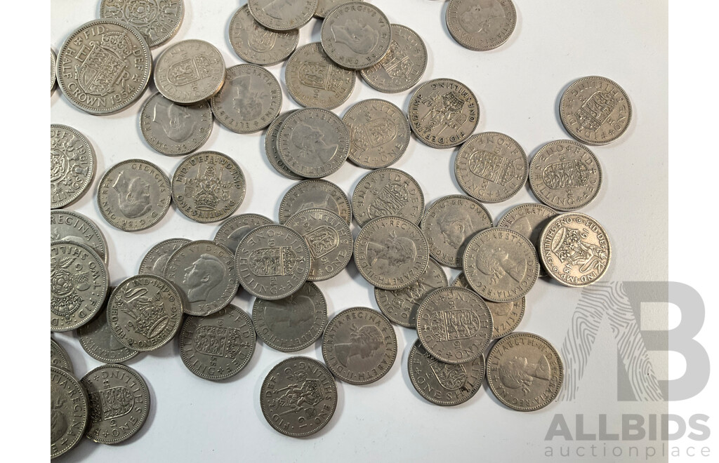 Collection of United Kingdom and New Zealand Coins Including Two Shillings, Florins, Shillings, Crowns