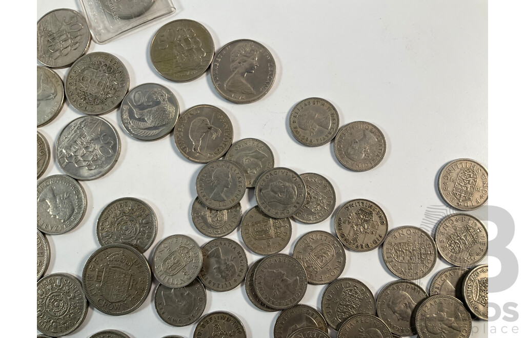 Collection of United Kingdom and New Zealand Coins Including Two Shillings, Florins, Shillings, Crowns