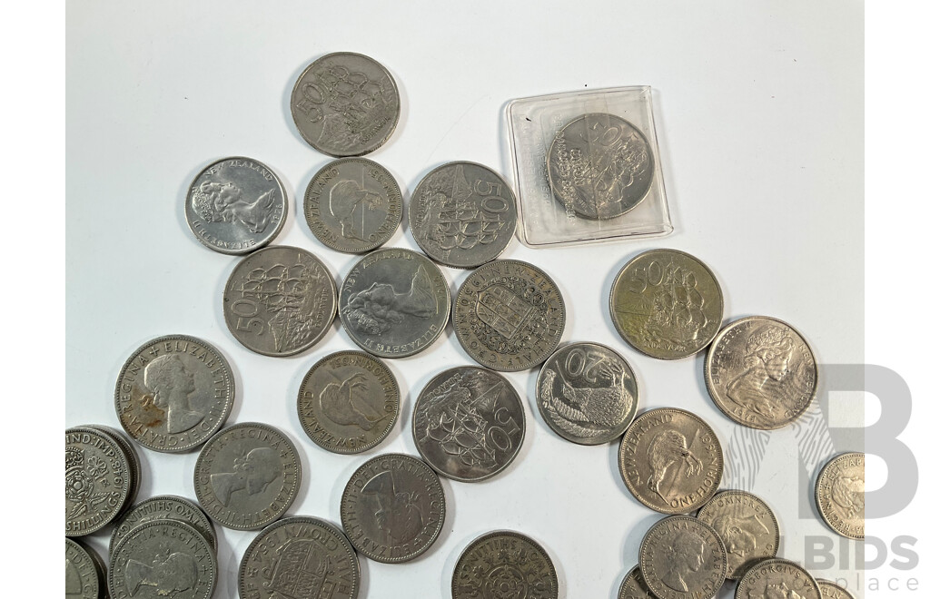 Collection of United Kingdom and New Zealand Coins Including Two Shillings, Florins, Shillings, Crowns