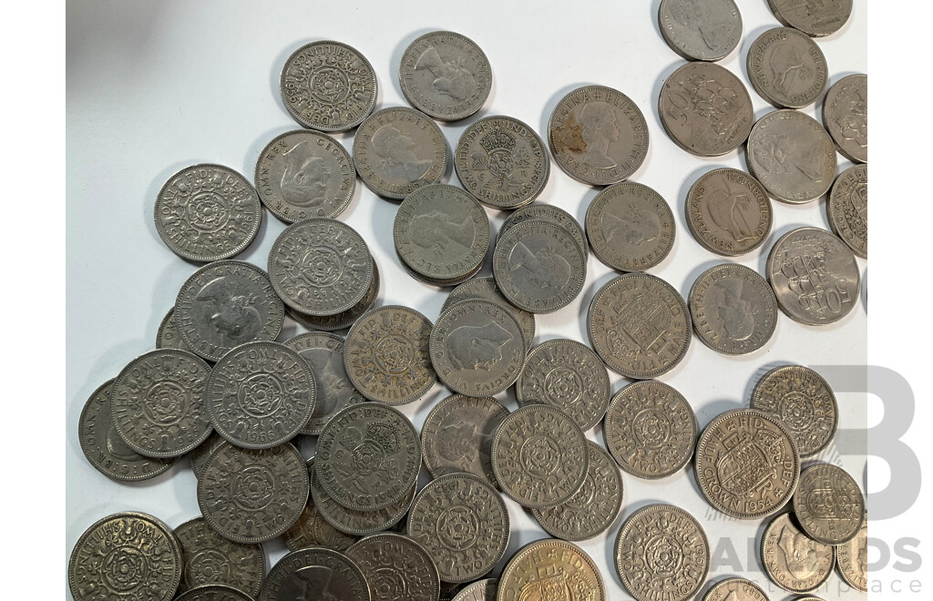Collection of United Kingdom and New Zealand Coins Including Two Shillings, Florins, Shillings, Crowns