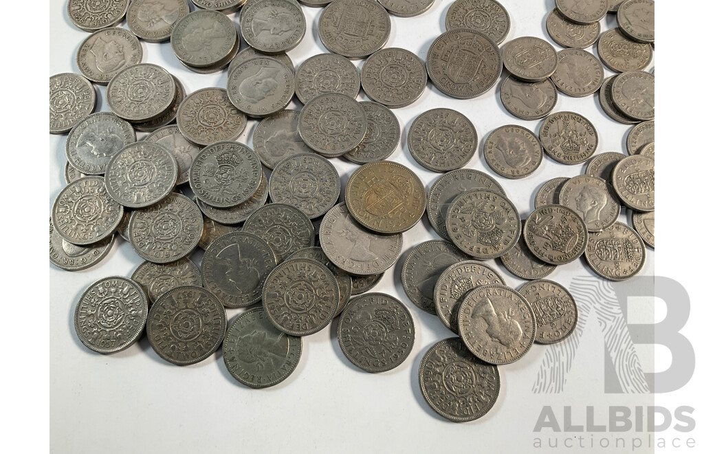 Collection of United Kingdom and New Zealand Coins Including Two Shillings, Florins, Shillings, Crowns