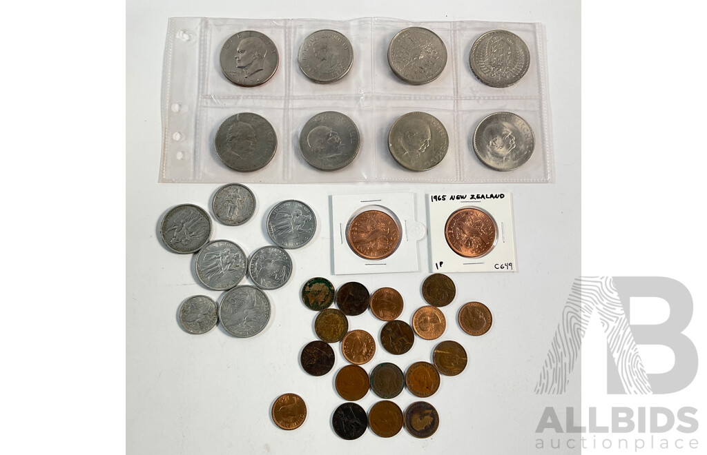 United Kingdom Commemorative Crowns Including 1965 Churchill and 1980 Queen Mother Birthday, Collection of Farthings, New Zealand 1967 One Dollar, USA 1974 One Dollar Two New Zealand 1965 High Grade Pennies............