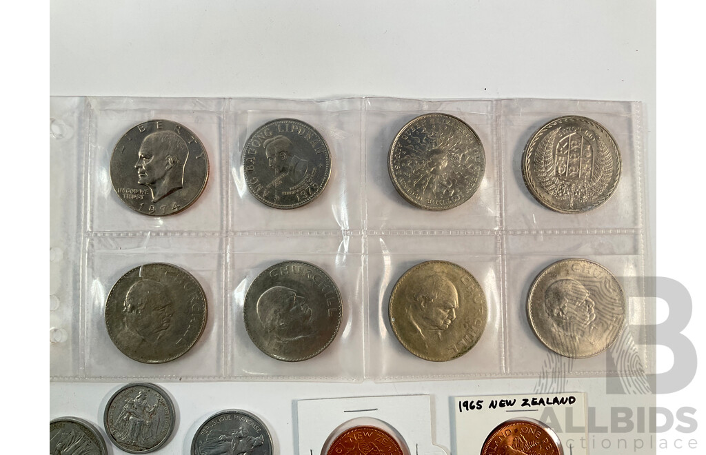 United Kingdom Commemorative Crowns Including 1965 Churchill and 1980 Queen Mother Birthday, Collection of Farthings, New Zealand 1967 One Dollar, USA 1974 One Dollar Two New Zealand 1965 High Grade Pennies............