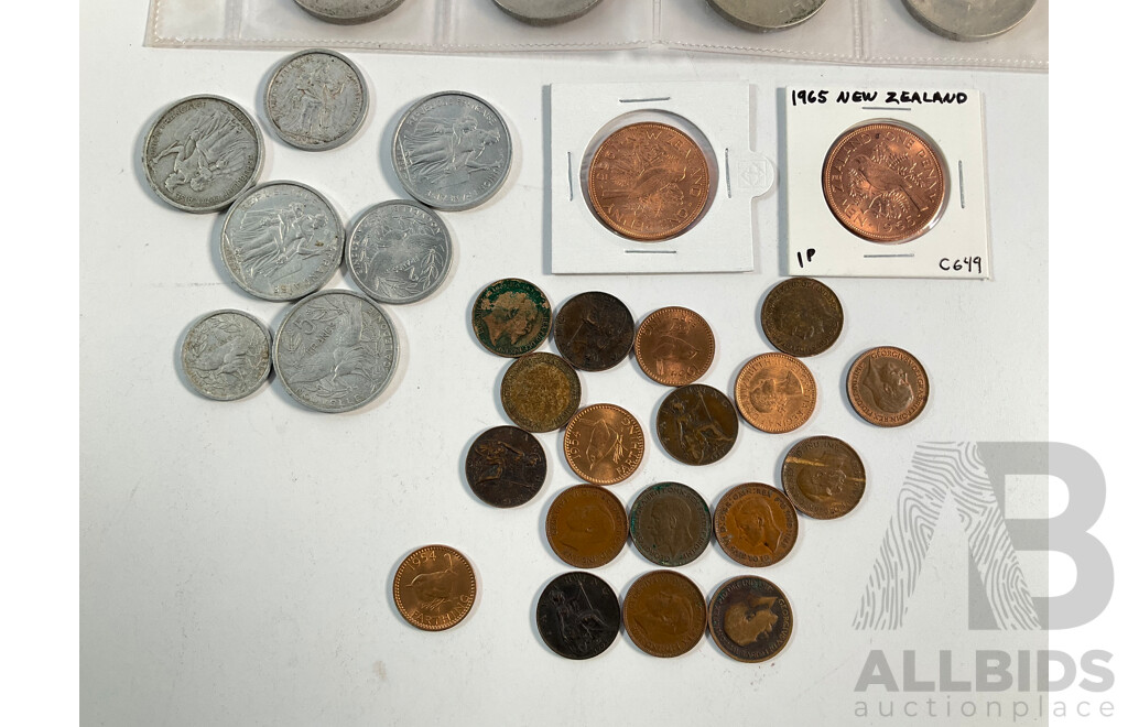 United Kingdom Commemorative Crowns Including 1965 Churchill and 1980 Queen Mother Birthday, Collection of Farthings, New Zealand 1967 One Dollar, USA 1974 One Dollar Two New Zealand 1965 High Grade Pennies............